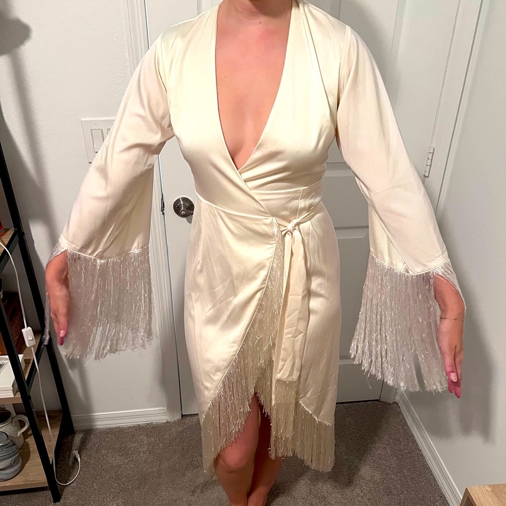 Fringe wrap satin white dress